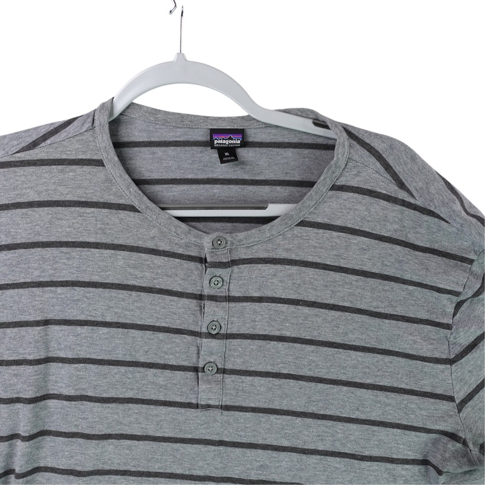 Patagonia Henley Shirt Mens XL Gray Striped Long Sleeve Organic Cotton 52260